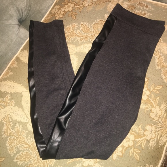 Necessary Objects Gray Leggings W/Faux Leather - Picture 1 of 4
